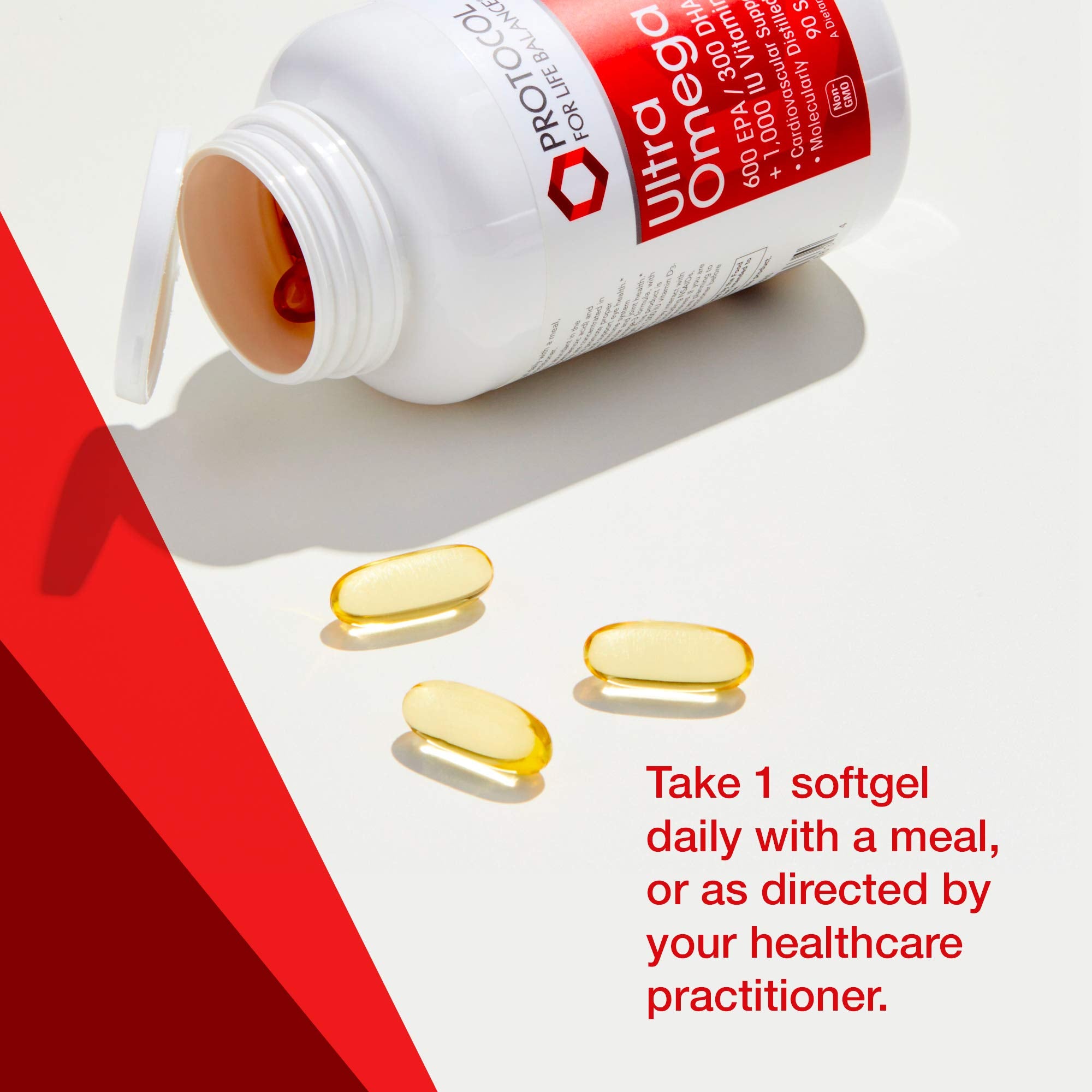 PROTOCOL FOR LIFE BALANCE Ultra Omega 3-D vitamin D3 bottle emphasizes 1000 IU per softgel.