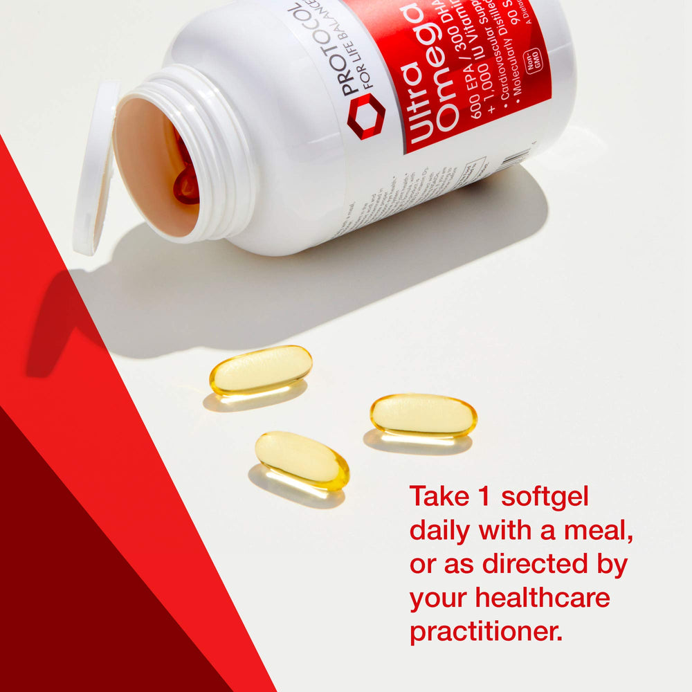 PROTOCOL FOR LIFE BALANCE Ultra Omega 3-D vitamin D3 bottle emphasizes 1000 IU per softgel.