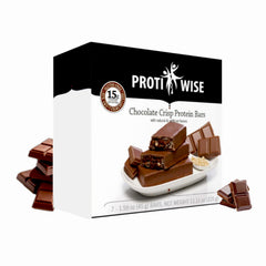 ProtiWise chocolate high-protein bar box shows gluten-free nutrition and protein richness