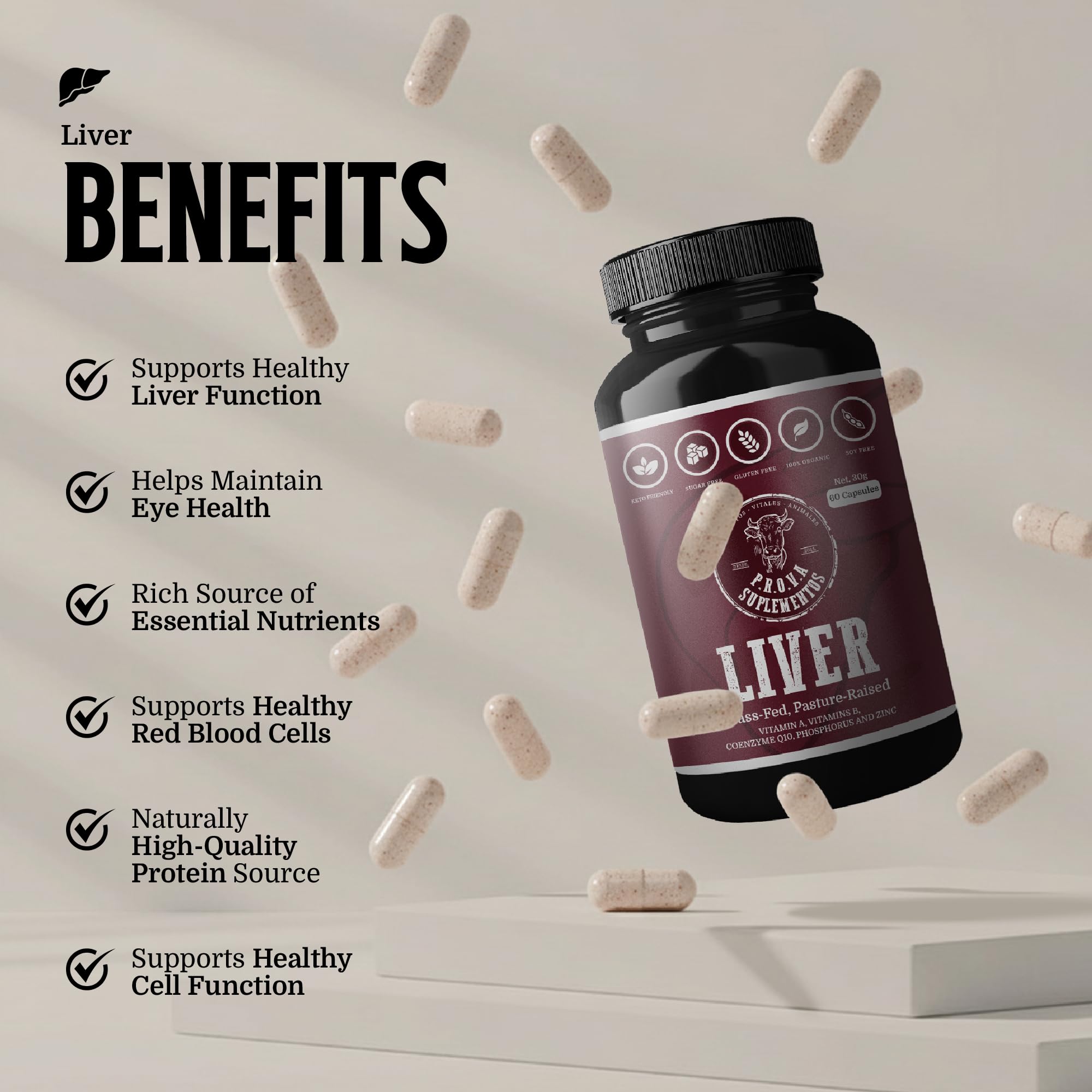 PROVA beef liver capsules label close-up with nutrient details