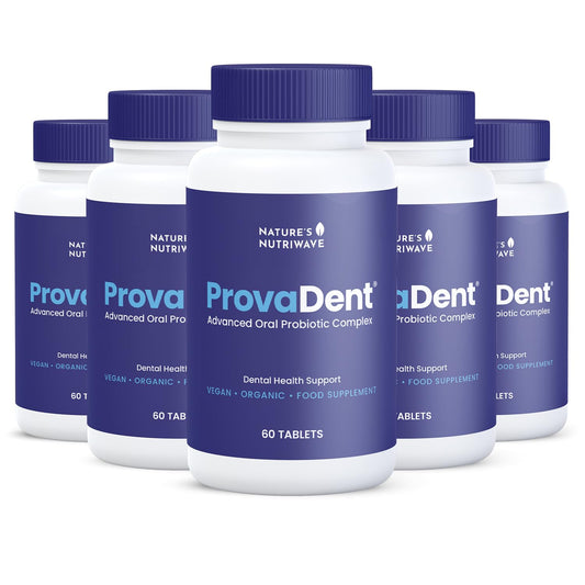 ProvaDent bottle front shows 60 tablets for daily teeth and gum support and fresh breath.