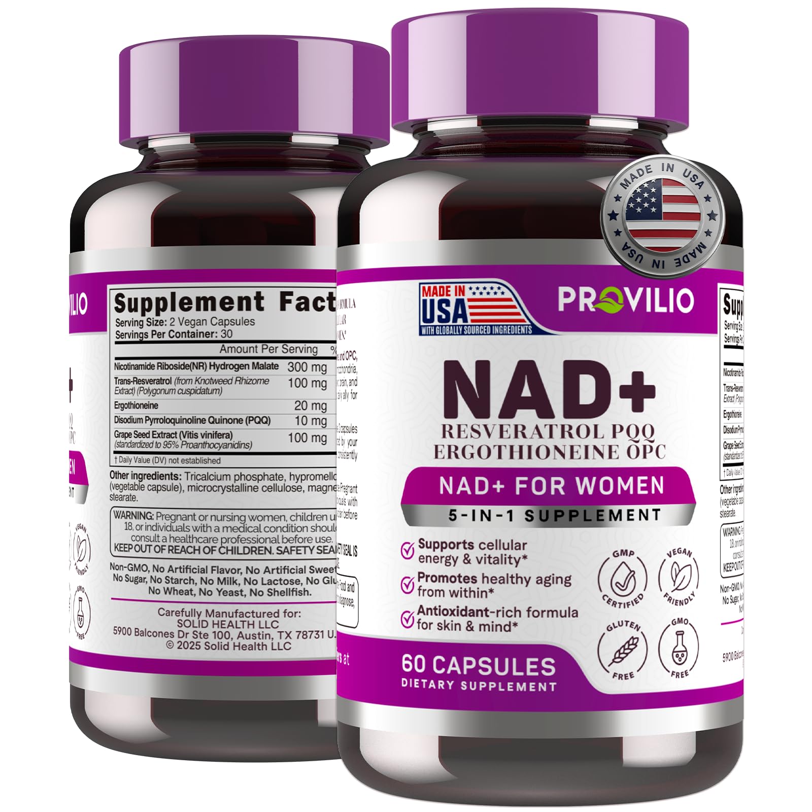 Provilio NAD+ for Women bottle pour showing daily energy support.