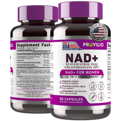 Provilio NAD+ for Women bottle pour showing daily energy support.