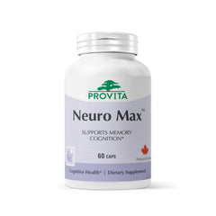 PROVITA Neuro Max bottle front showing label and vegan formula for brain support.