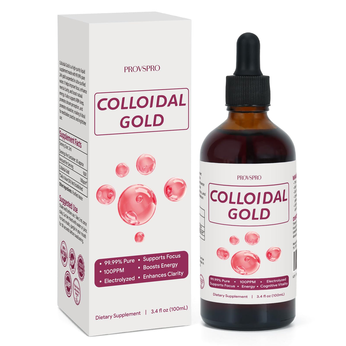 Provspro Colloidal Gold 100ppm bottle closeup highlighting purity and 24K gold