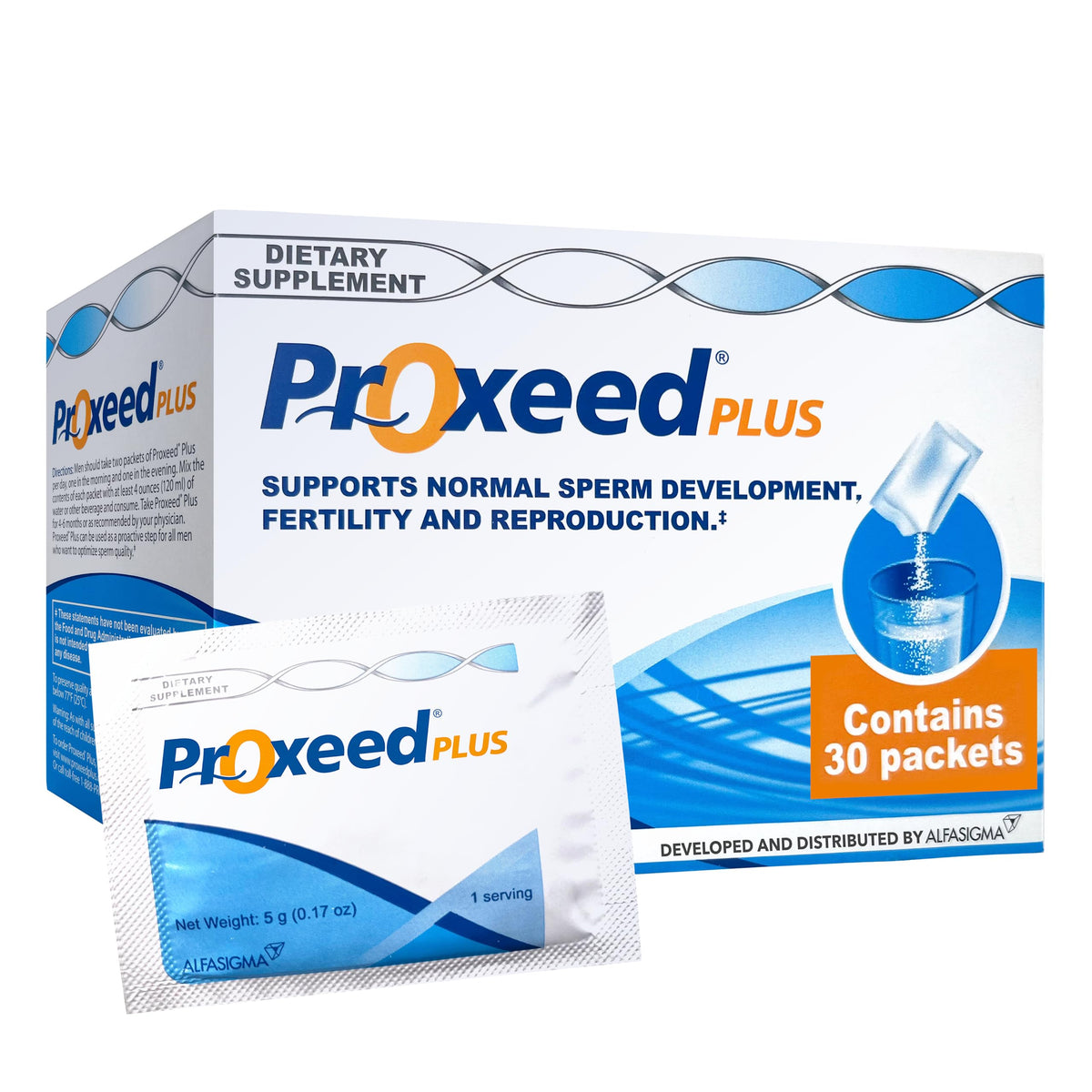Proxeed Plus lemon-flavored drink mix shown for convenient daily fertility support and sperm health.