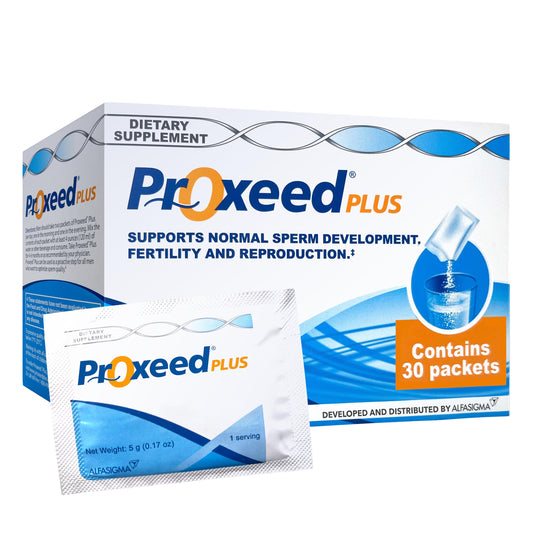 Proxeed Plus lemon-flavored drink mix shown for convenient daily fertility support and sperm health.