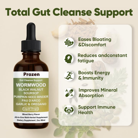 PROZEN Wormwood Gut Cleanse dropper displaying easy daily dosing.