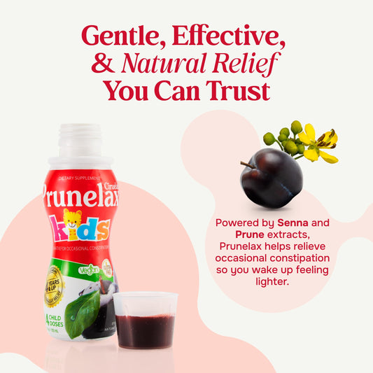 Prunelax Ciruelax bottle pour illustrating easy bedtime dosing