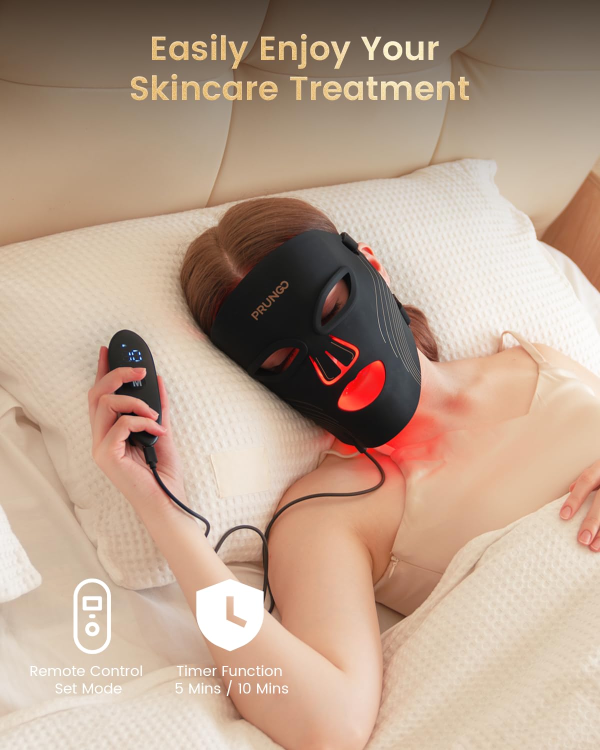 PRUNGO mask includes remote control and timer for convenient sessions