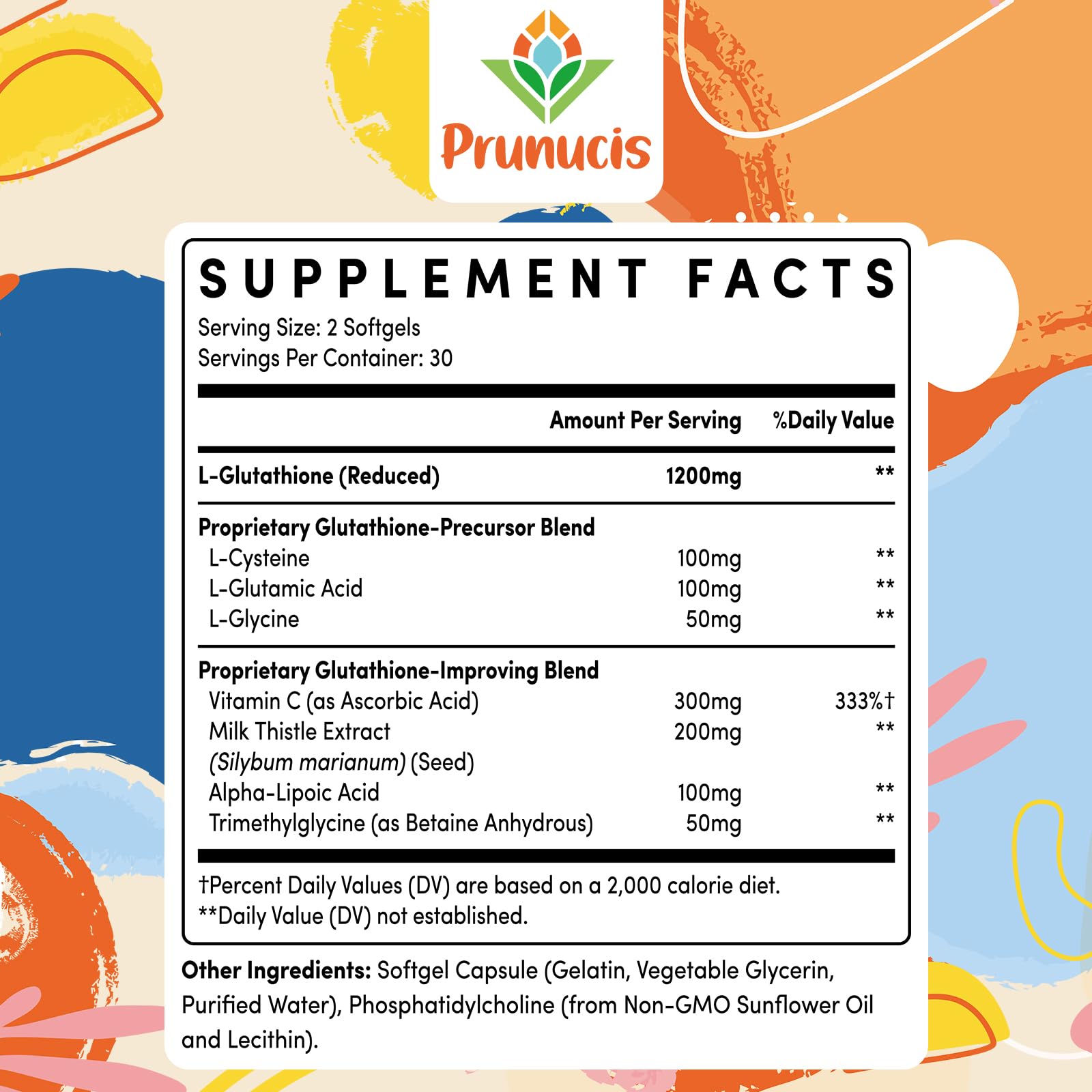 Prunucis Glutathione 2400mg bottle back shows ingredients and allergen-free safety notes