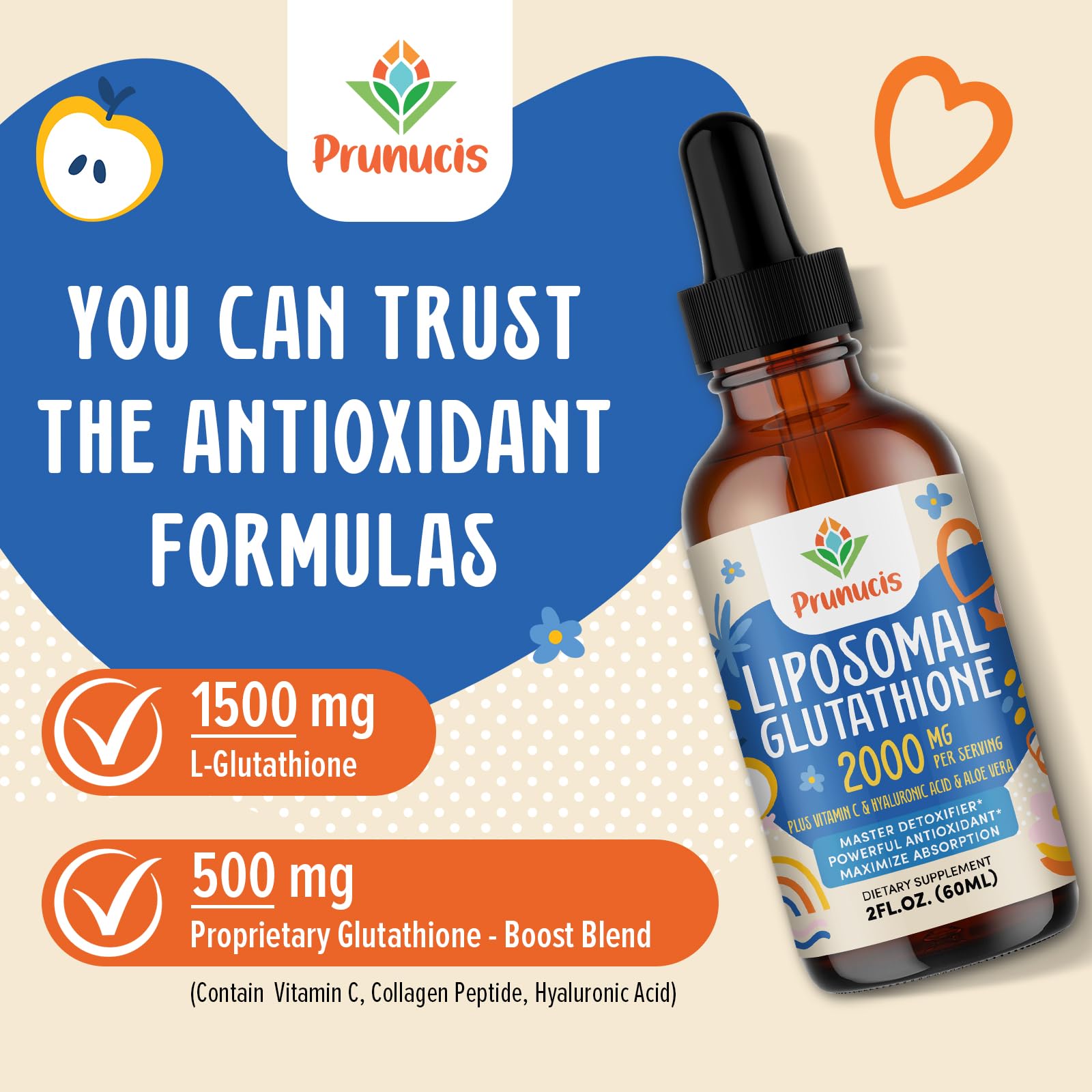 Prunucis Glutathione Liquid ingredients panel with Vitamin C and Aloe