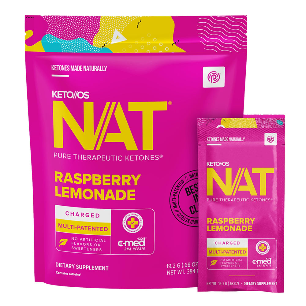 PRÜVIT Keto//OS NAT Raspberry Lemonade Charged packet for easy hydration.