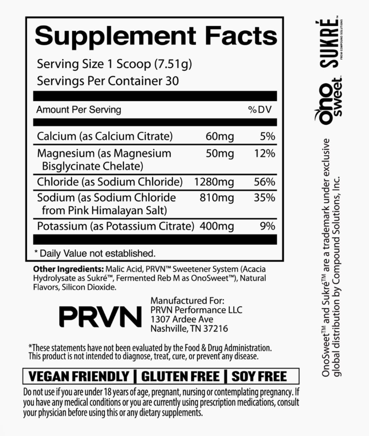 PRVN Performance Hydration label close-up emphasizing high electrolyte content.