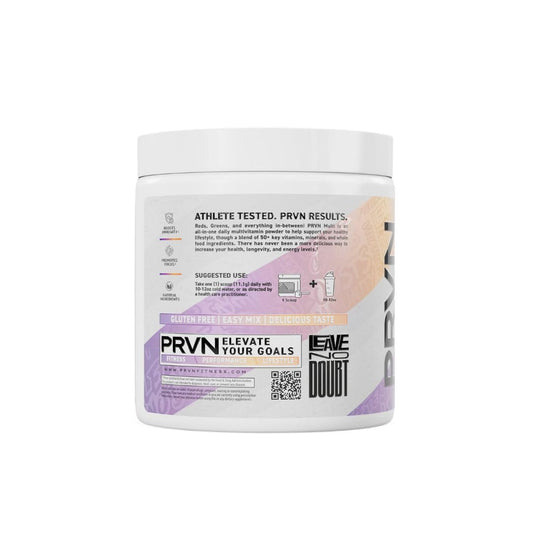 PRVN Performance Multi+ Greens front tub label highlights all-in-one antioxidants and vitamins.