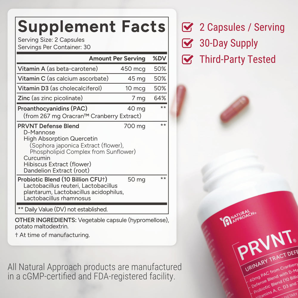 PRVNT Cranberry PACs capsules illustrate the supplement's key cranberry PACs component.