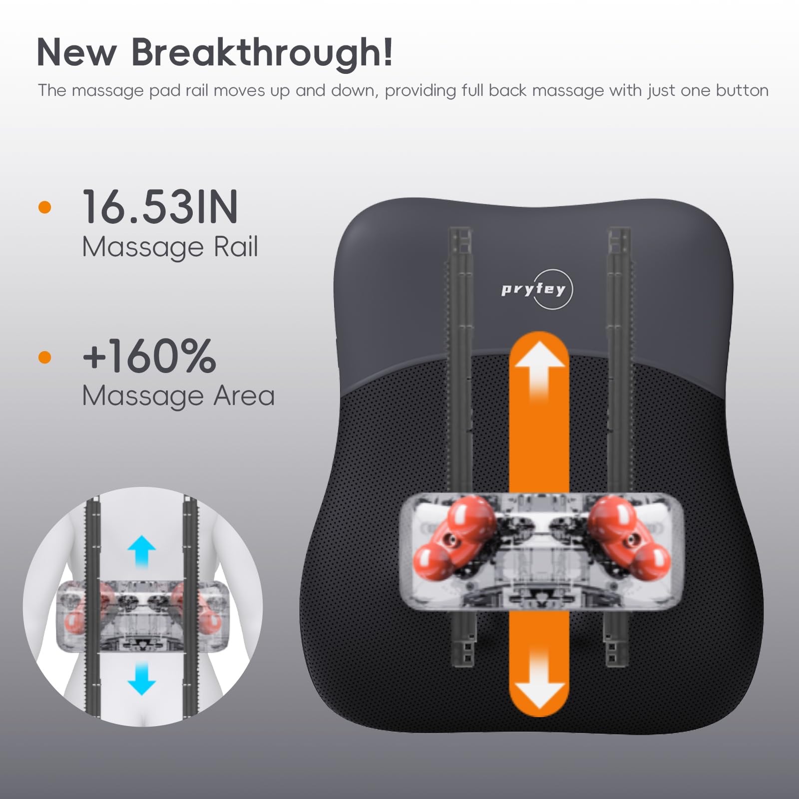 Pryfey back massager red light therapy panel highlights deeper tissue warmth.