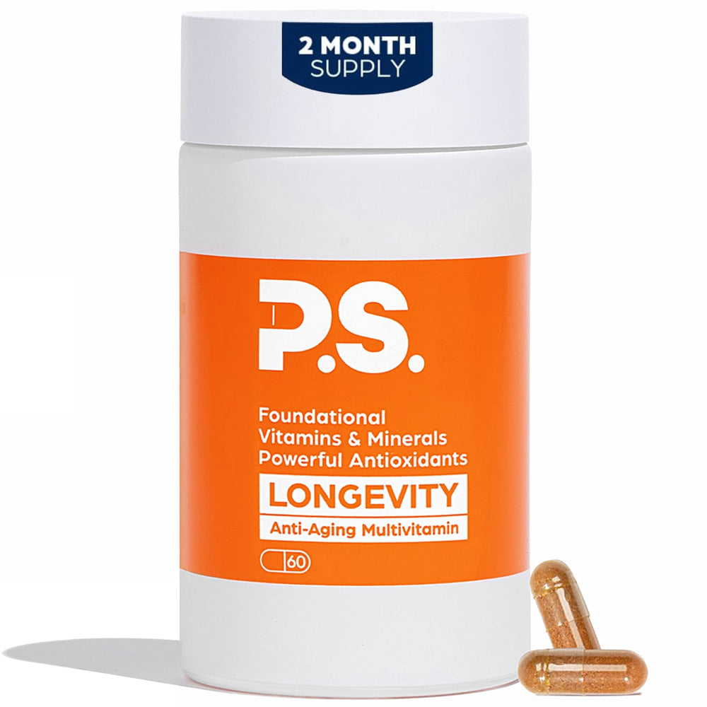 PS Longevity bottle front, premium antioxidant formula for daily vitality