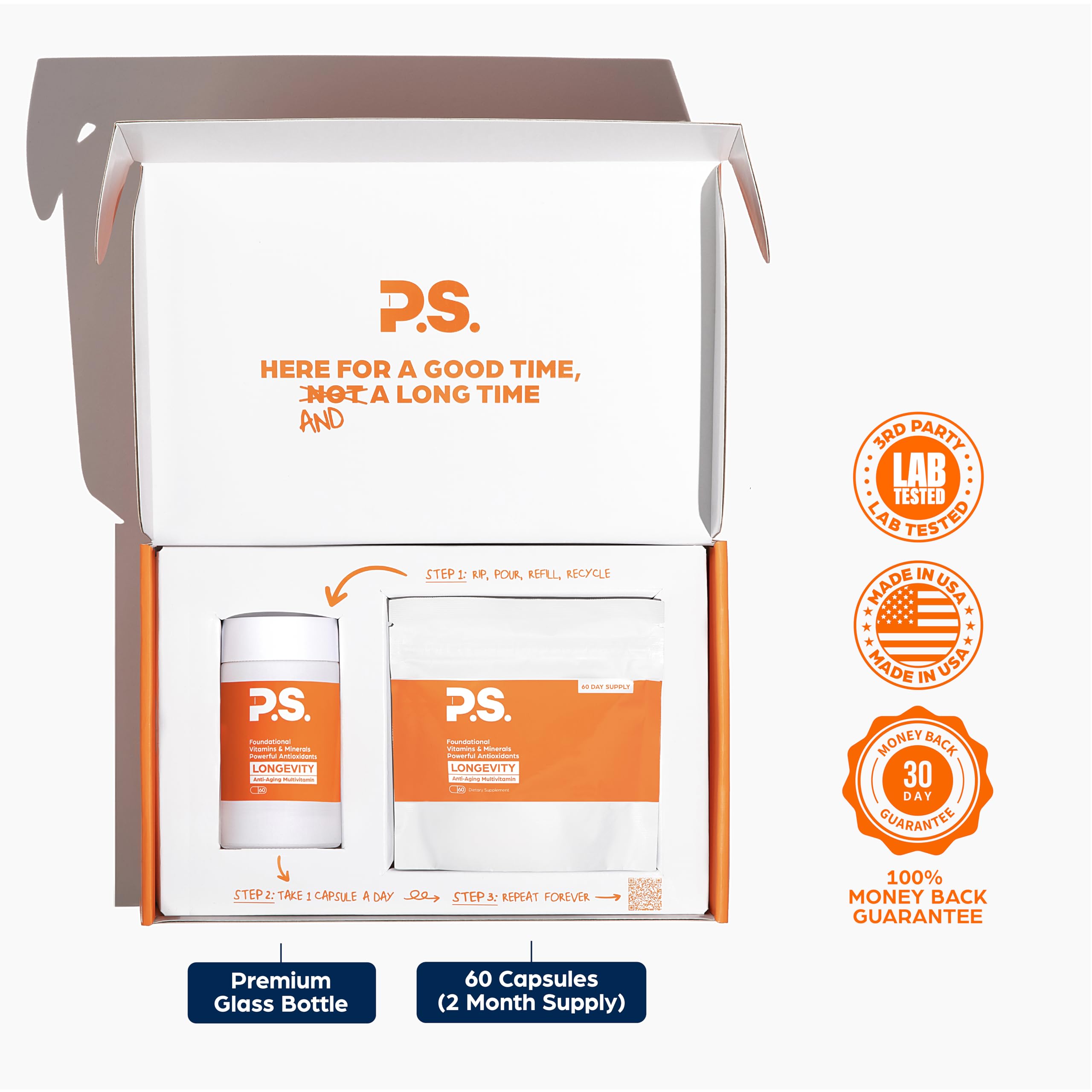 PS Longevity packaging on glass bottle highlights vegan and gluten-free formula