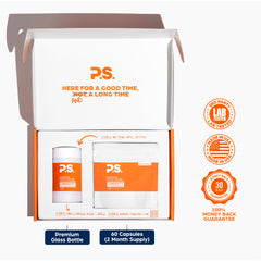 PS Longevity packaging on glass bottle highlights vegan and gluten-free formula