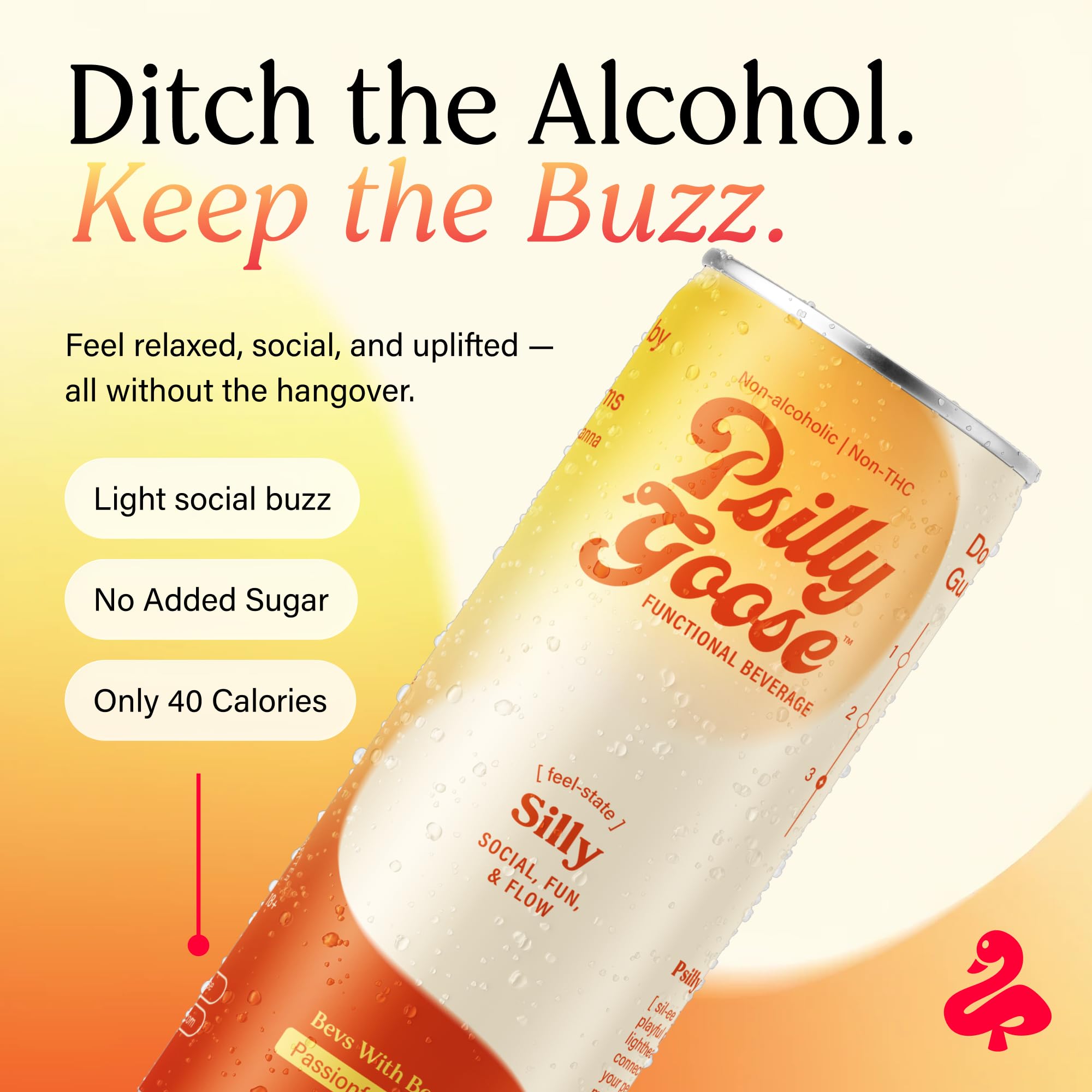 Psilly Goose passionfruit mango glass with ice highlighting tropical aroma and fizz.