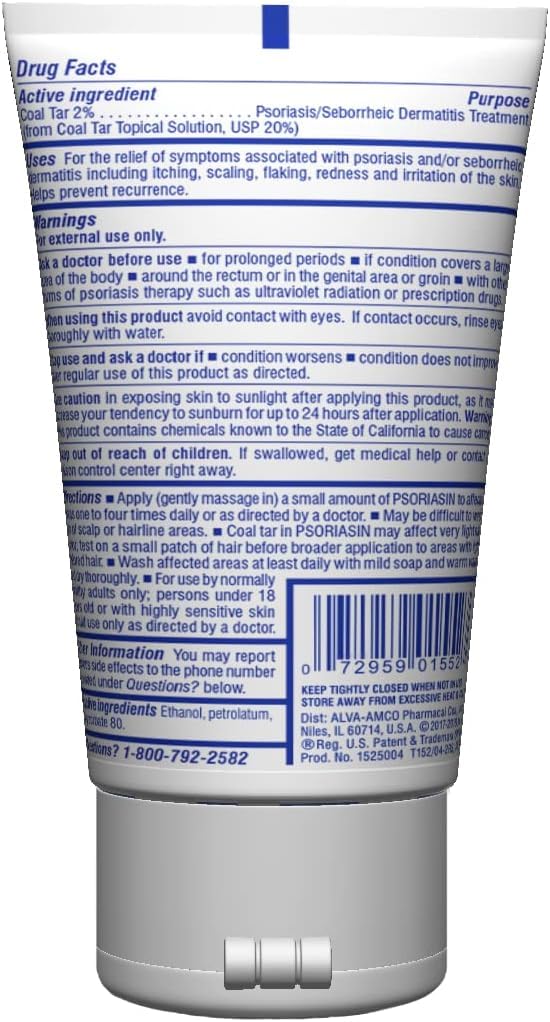 Psoriasin Deep Moisturizing Ointment coal tar tube closeup: rich, moisturizing formula for overnight use.