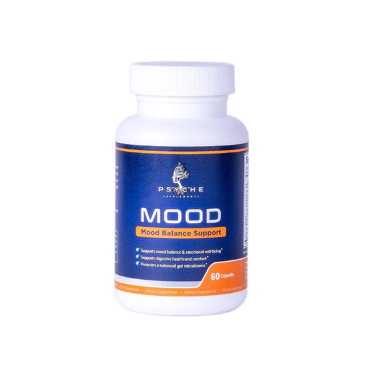Psyche Supplements Mood Balance capsules close-up shows a clean, vegan formula for daily support.