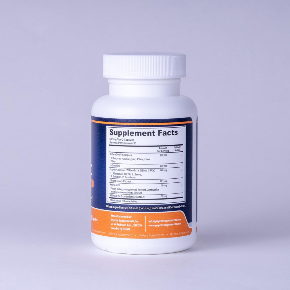 Psyche Supplements Mood Balance label info highlights ButyraGen tributyrin and probiotic blend.