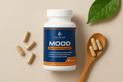 Psyche Supplements Mood Balance packaging promotes a clean, simple daily routine.