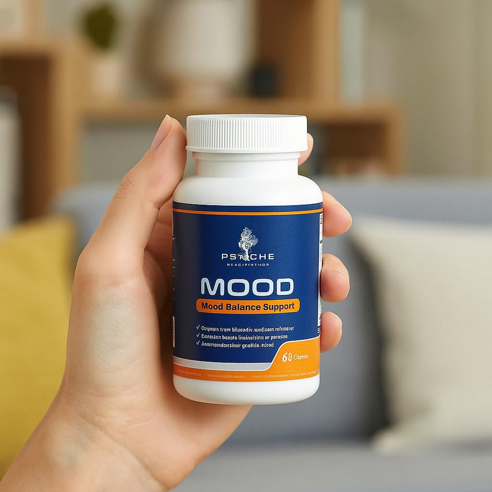 Psyche Supplements Mood Balance probiotics image emphasizes 13 Billion CFU for gut-brain support.