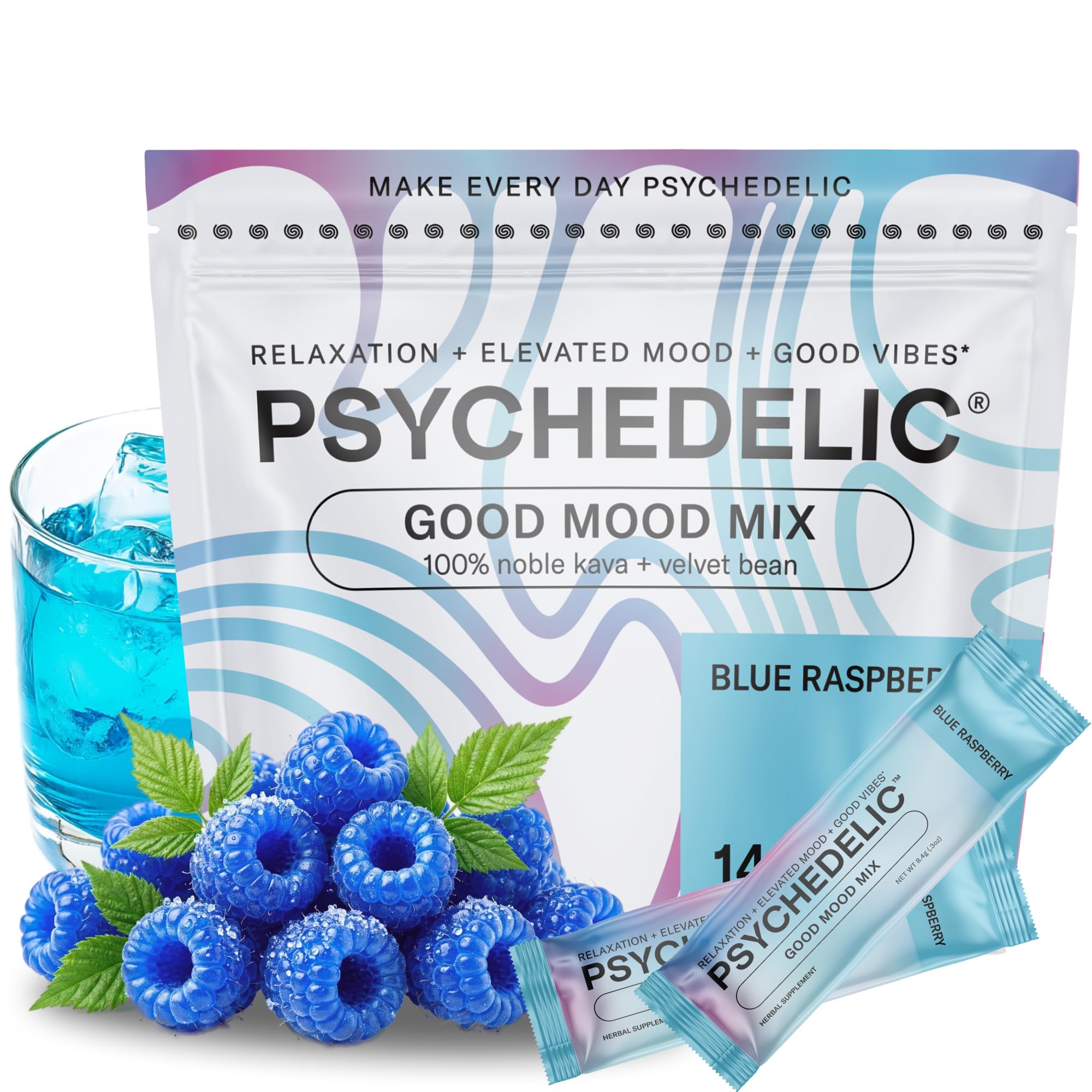 Psychedelic Water blue raspberry packet for a calming flavor.