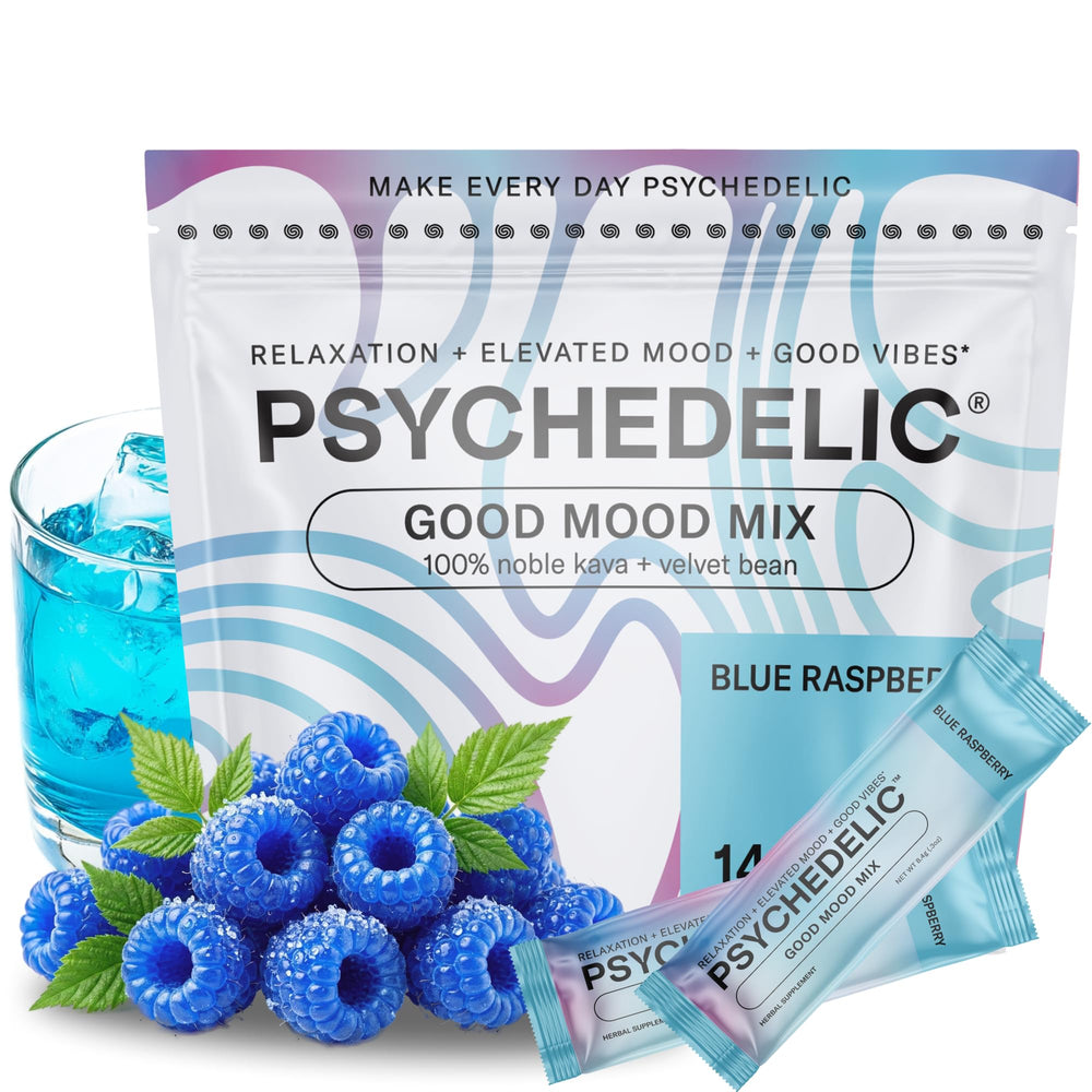 Psychedelic Water blue raspberry packet for a calming flavor.