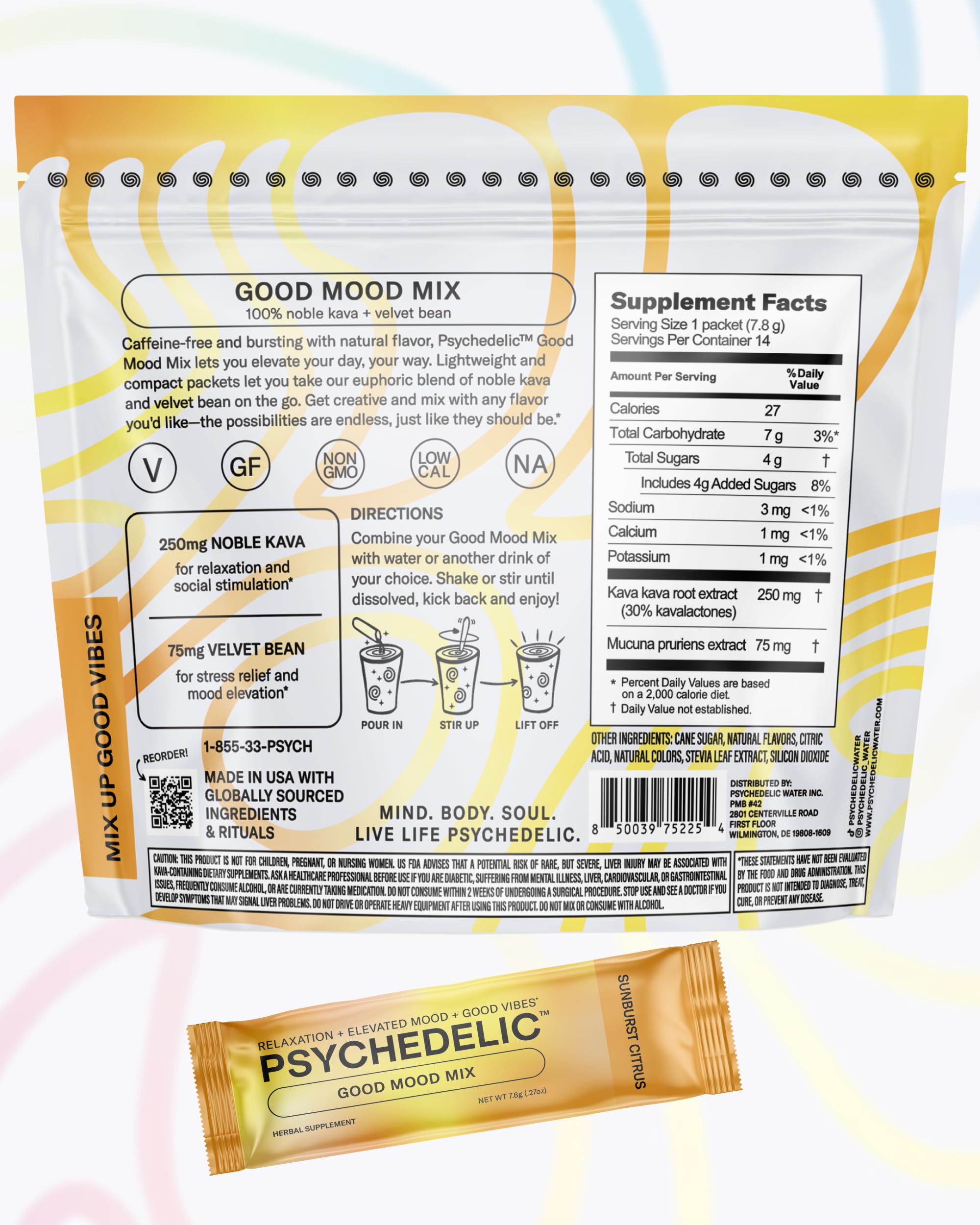 Psychedelic Water Stevia sweetener packet for low-calorie flavoring.