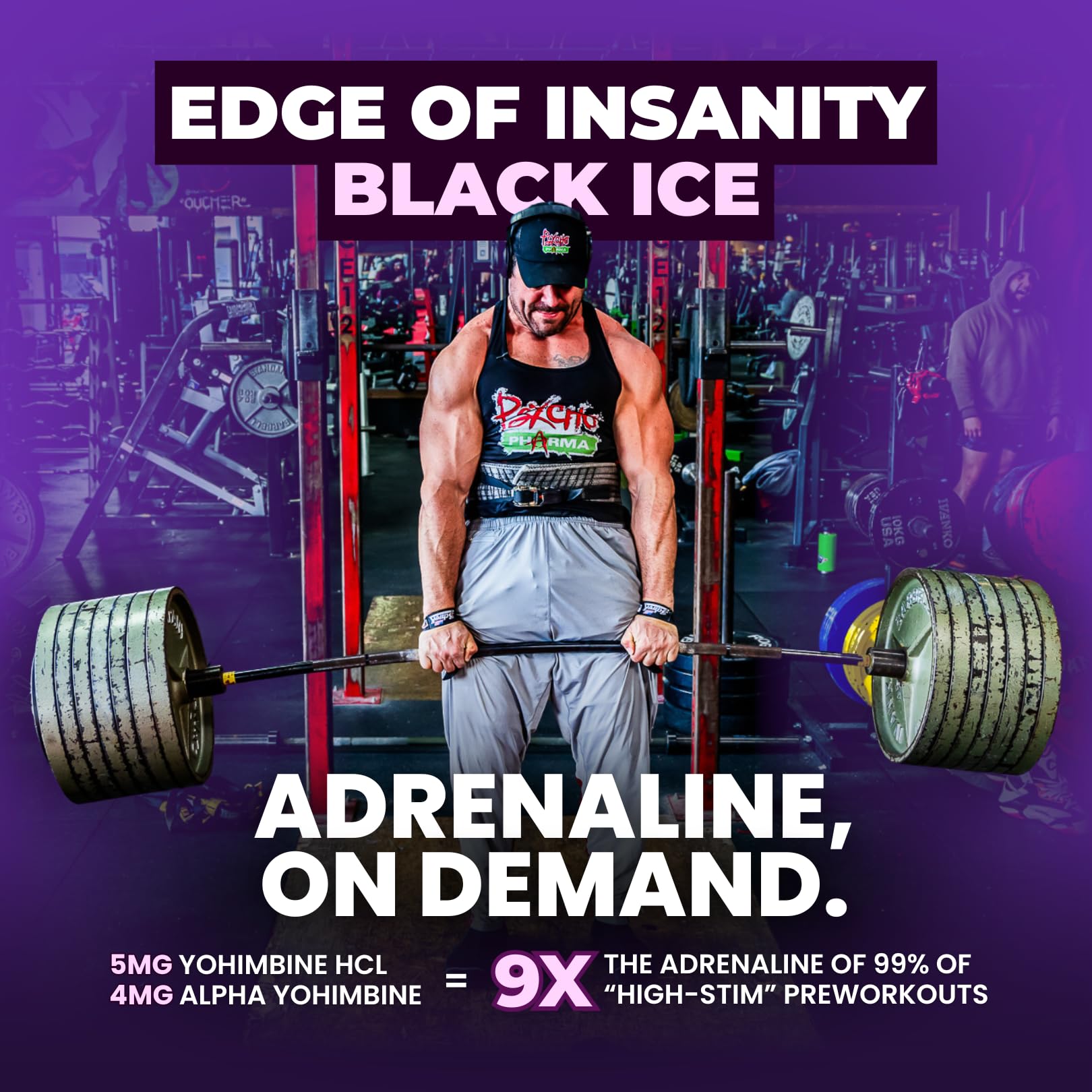 Psycho Pharma Edge of Insanity bottle pour highlights fast-acting energy for training sessions.