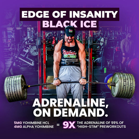 Psycho Pharma Edge of Insanity bottle pour highlights fast-acting energy for training sessions.