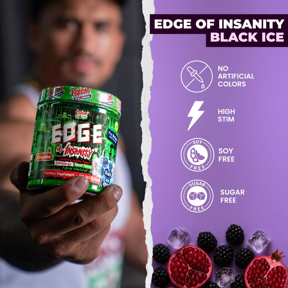 Psycho Pharma Edge of Insanity flavor label hints at 8 delicious options for taste.