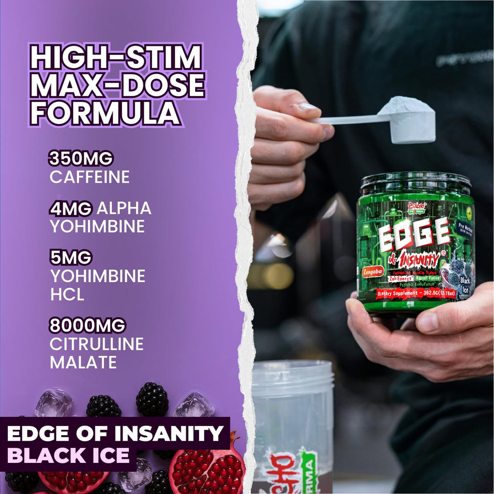 Psycho Pharma Edge of Insanity front label emphasizes brand clarity and energy-focused ingredients.