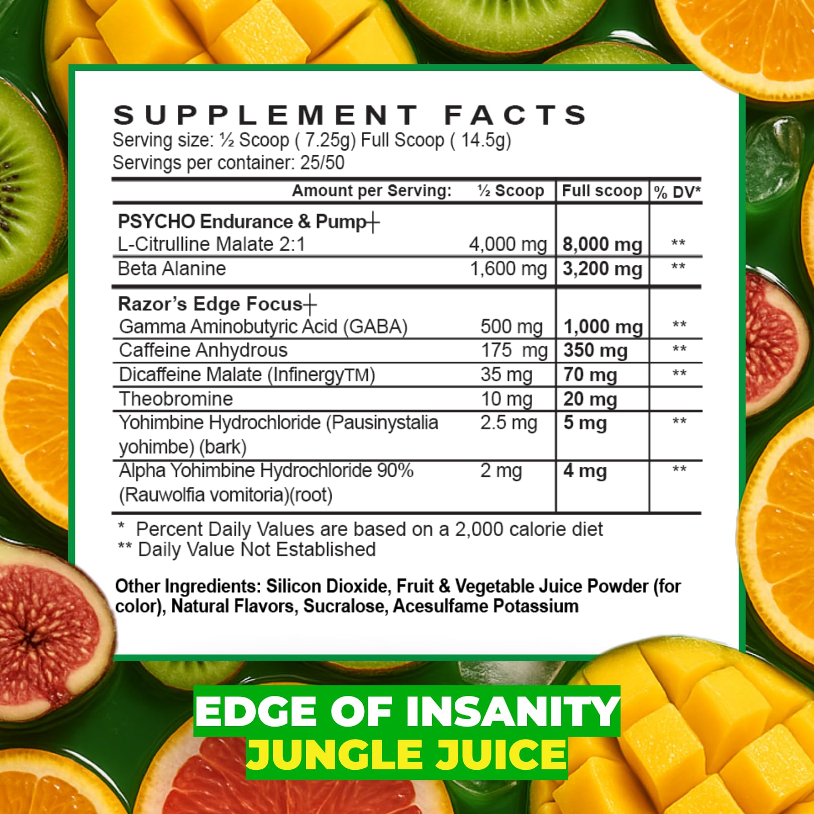Psycho Pharma Edge of Insanity label close-up highlighting caffeine and yohimbe ingredients.