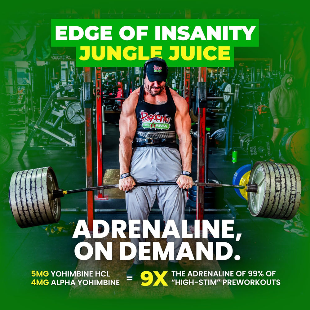 Psycho Pharma Edge of Insanity powder scoop beside a glass for a powerful mix.
