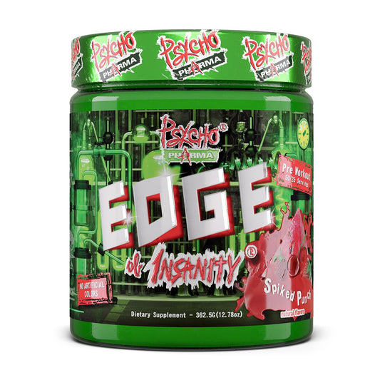 Psycho Pharma Edge of Insanity tub-front showing a powerful preworkout for intense sessions