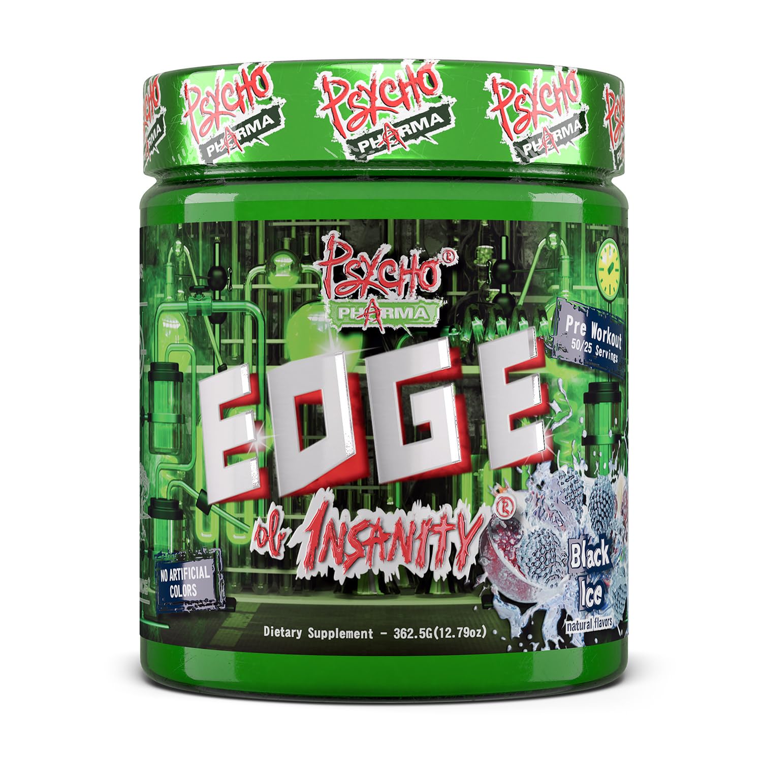 Psycho Pharma Edge of Insanity tub label signaling bold energy potential for intense workouts.