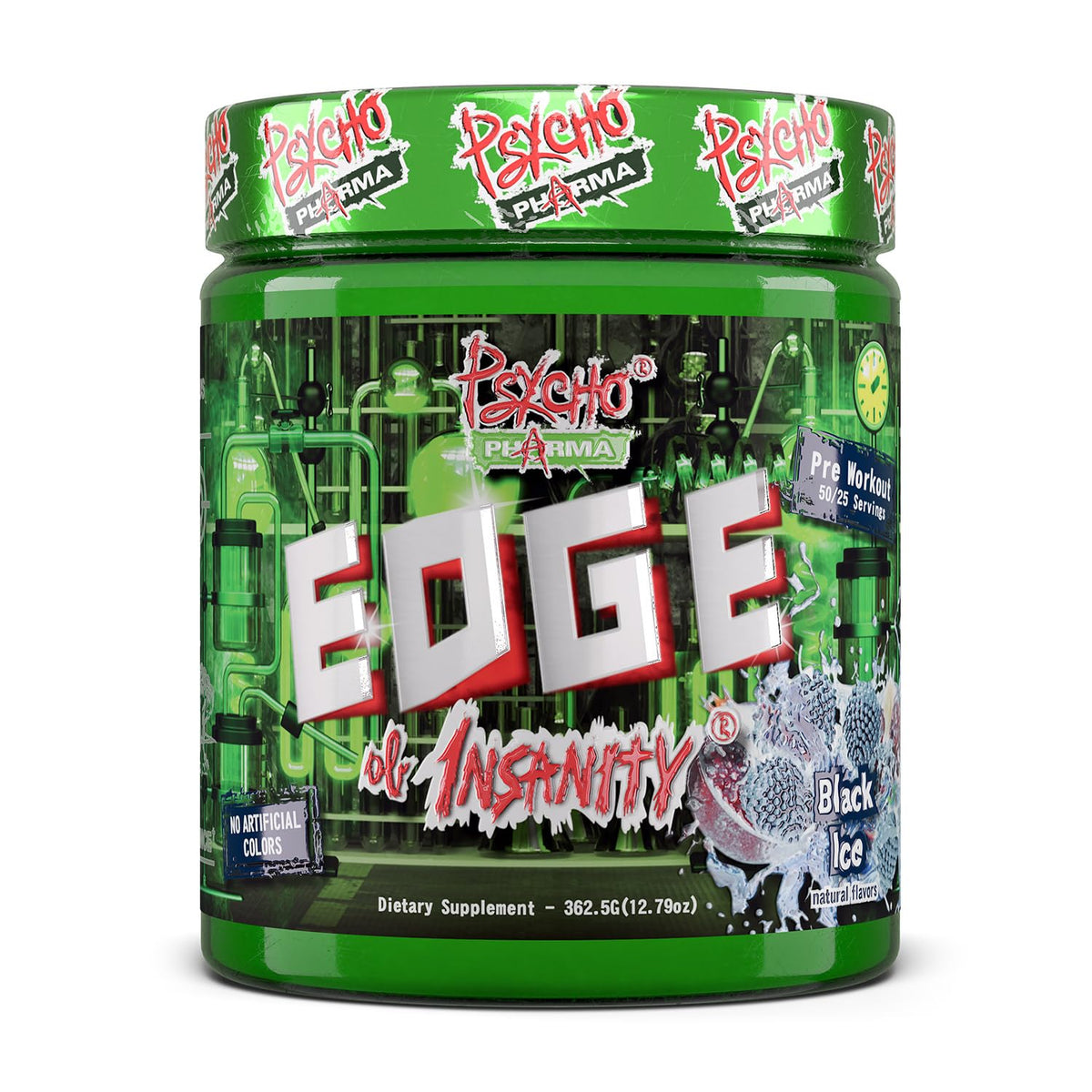 Psycho Pharma Edge of Insanity tub label signaling bold energy potential for intense workouts.