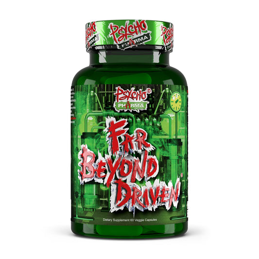 Psycho Pharma Far Beyond Driven bottle front showing bold energy branding for quick use
