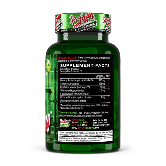 Psycho Pharma Far Beyond Driven bottle label closeup highlighting key ingredients