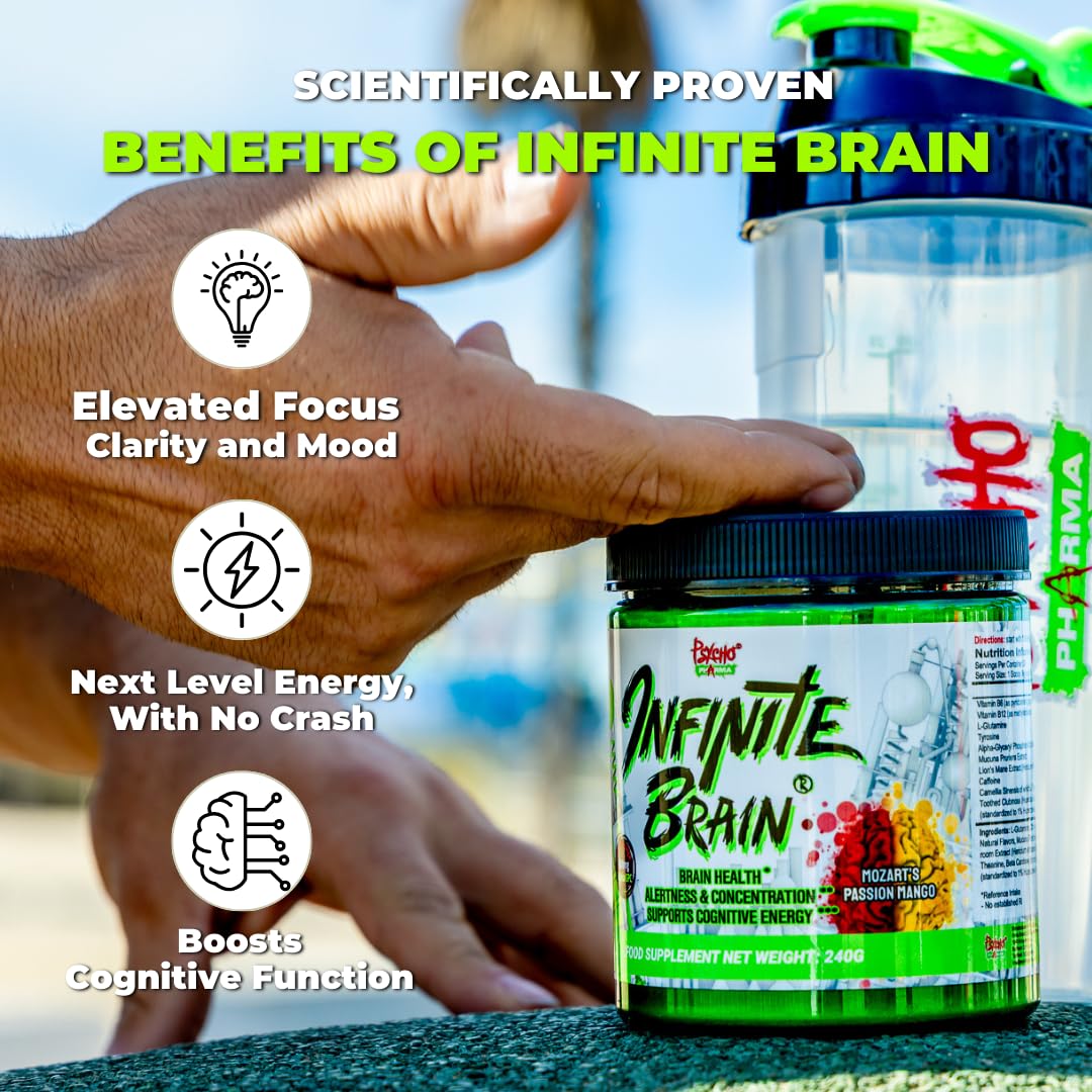 Psycho Pharma Infinite Brain bottle pour capturing streamlined dosing for focused study sessions.