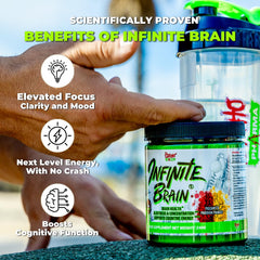 Psycho Pharma Infinite Brain bottle pour capturing streamlined dosing for focused study sessions.