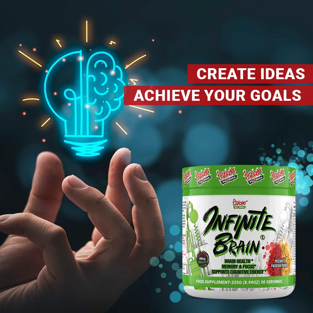 Psycho Pharma Infinite Brain mango flavor on a clean desk setup for afternoon productivity.