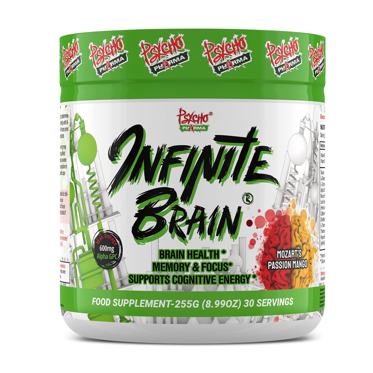 Psycho Pharma Infinite Brain bottle featuring Mozart's Passion Mango, boosting focus and mental energy.