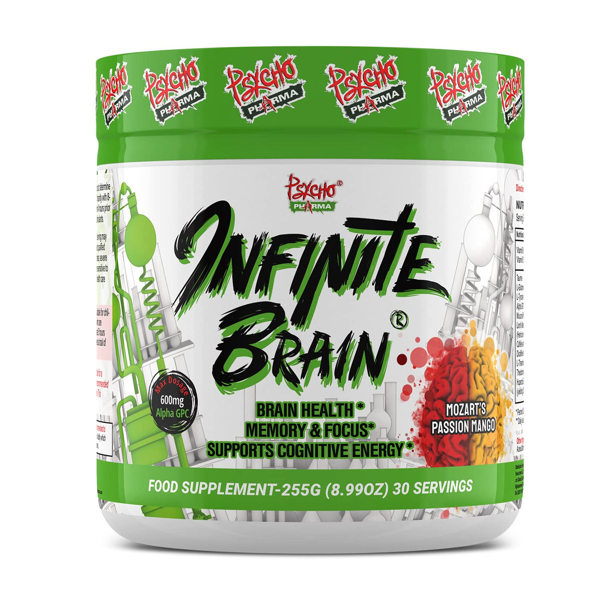 Psycho Pharma Infinite Brain bottle featuring Mozart's Passion Mango, boosting focus and mental energy.