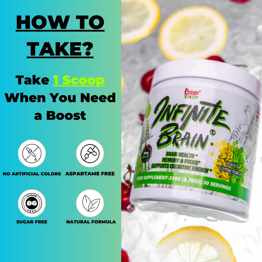 Psycho Pharma Infinite Brain serving scoop demonstrates convenient 30-serving pack for long-term use.